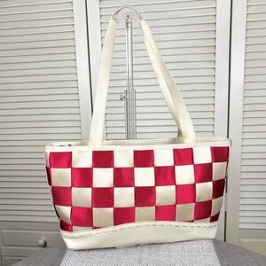 Vintage 90s Y2K Red Cream Checkered Woven Seatbelt Shoulder Bag Purse Handbag